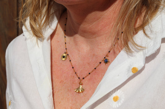 Collier gingko, oeil protecteur & astre bleu